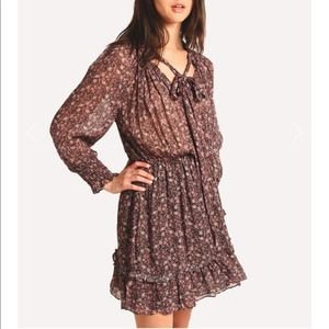 ML Monique Lhuillier floral tie-neck pink long sleeve mini cocktail dress